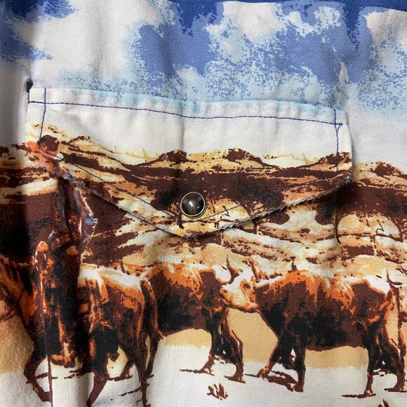🐂 Roper Western Cattle Print Pearl Snap Shirt – Blue – Size L - Picture 4 of 10